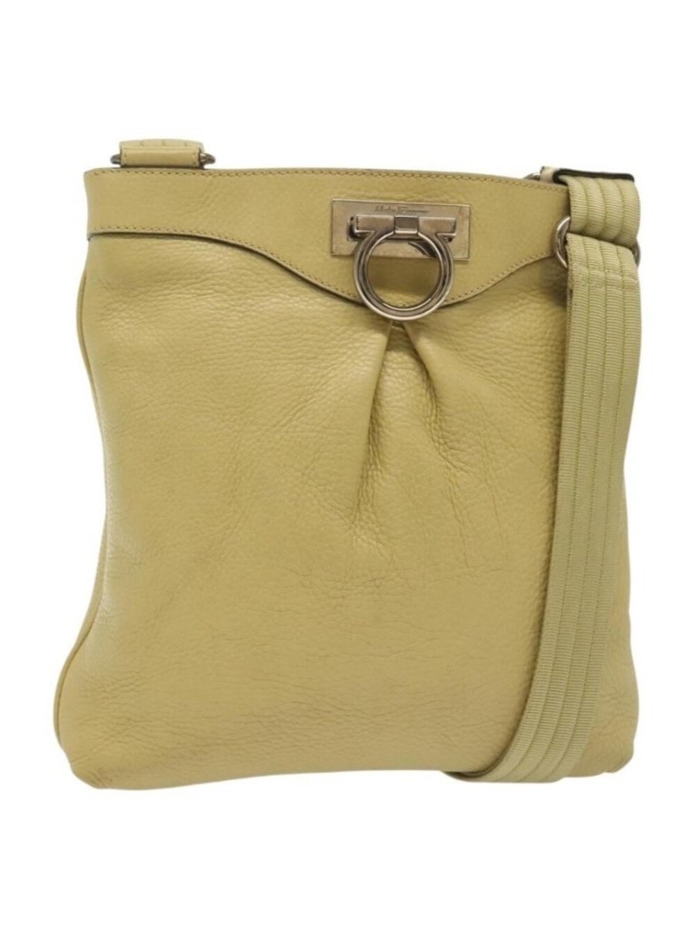 Authentic Salvatore Ferragamo Gancini Shoulder Bag Leather Yellow Silver